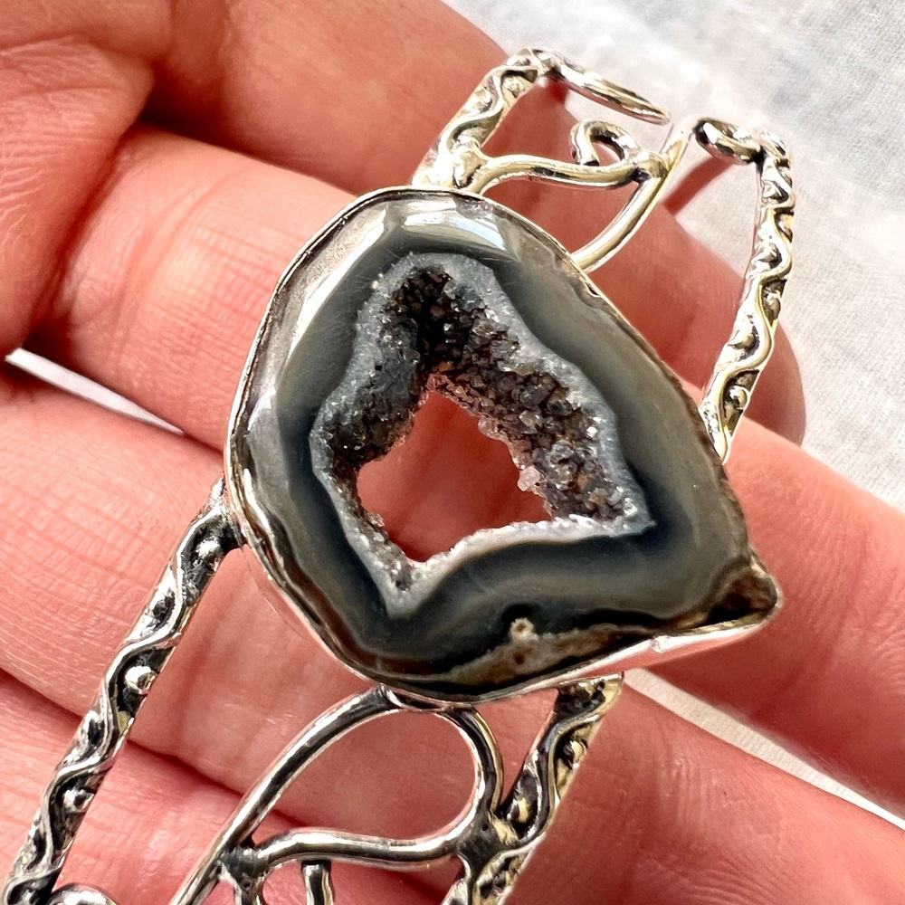 925 Micro Quartz Crystal Geode Cuff Bracelet